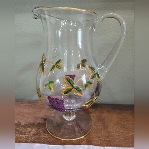 Romanian Stained Glass Pitcher with Grape and Leaf Design With 22k Gold Trim